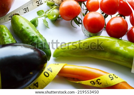 vegetables and fruits for weight loss, a measuring tape, diet, weight loss,cherry tomatoes, green peppers,eggplant,cucumber