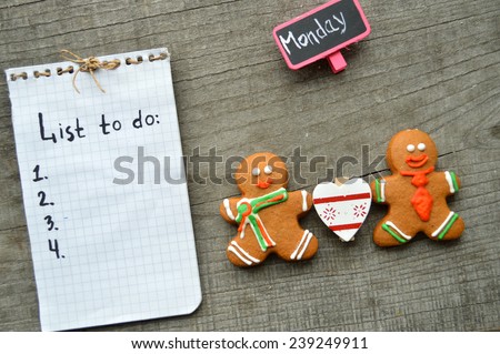 diary, notepad, gingerbread men, work, Christmas toys, plan for the day