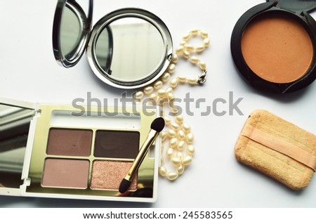 Makeup Eyeliner brush with bottle ,set of cosmetics,Make-up and brushes,powder, puff, mascara, eyeliner on on a white background