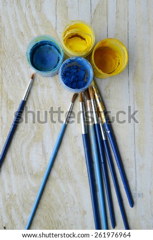 painting, paint, brushes for painting, landscape paper, creativity on the wooden background