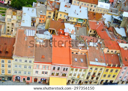 LVIV, UKRAINE - July 9, 2015:cityscape topview of Lviv .Small beautiful houses and roofs of Lviv
