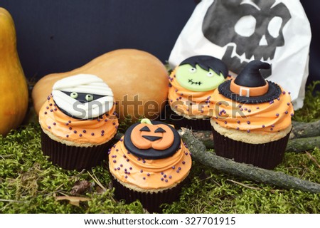 Happy Halloween Cupcakes.Halloween cookies.Composition for Halloween with sweets