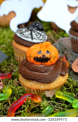 Delicious cakes for Halloween. Zombie, witch, ghost,pumpkin