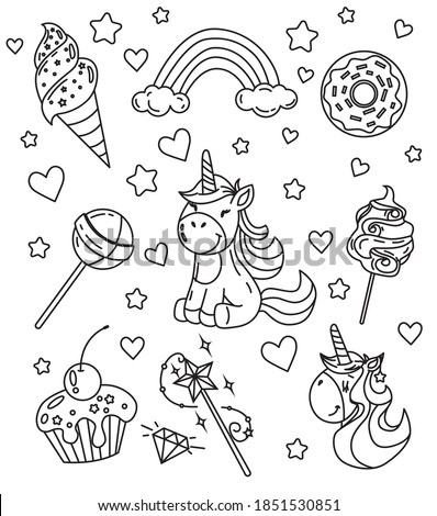 Coloring page antistress. Set: unicorn, ice cream, donut, lollipop, cotton candy, magic wand, cupcake, diamond, rainbow, clouds, stars, heart. Vector illustration for art therapy, antistress coloring 