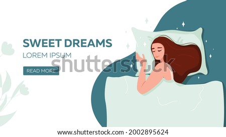 Sweet dreams banner. A woman sleeps in bed lying on a pillow and covered with a blanket. Vector hand drawn flat illustration.  ストックフォト © 