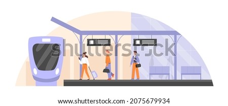 Flat vector illustration of passengers on a railroad platform. People with luggage on railway station. Public transport concept.