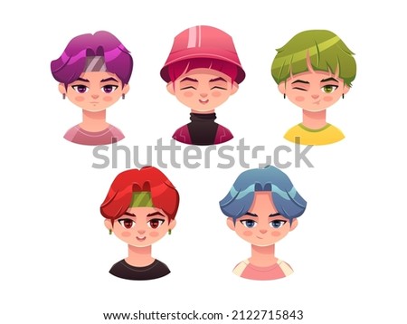 Cute cartoon boys stickers. Bts idols. K-pop music fan. Vector illustration. 