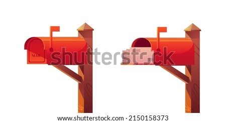 Set of mailboxes with raised flag,  closed door, with an open door and letters inside. Vector cute Illustration in cartoon style.
