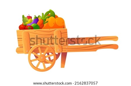 Wooden farm cart with fruits and vegetables isolated on white background. Harvest Festival. Fresh Organic Products from Local Farmers Market. Vector Cute Illustration in cartoon style.