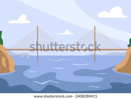 Cartoon Bridge Architecture. Suspension River Crossing Bridgework. Nature, Landscape. Flat Vector Illustration.