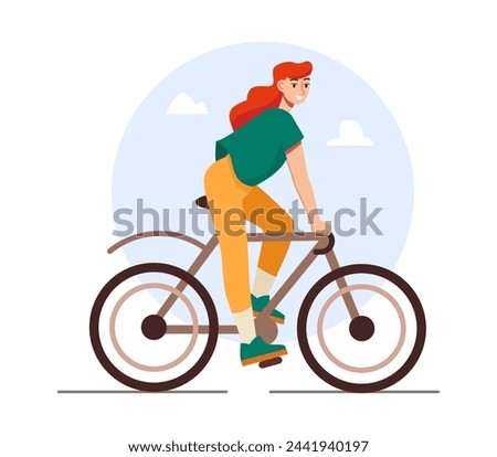 Young Modern Woman Rides Bicycle. Eco Friendly Transport. Sports Activities. Taking Care of Environment. Flat Cartoon Vector Illustration.