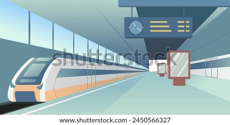 Indoor Railway Station Platform with Modern High Speed Trains and Schedule. Arrival Passenger Express. Vector Illustration in Flat Style.