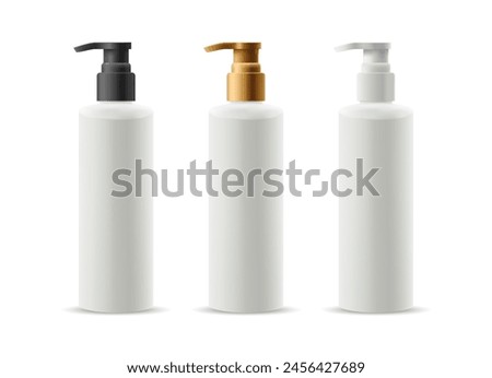 3d Realistic Plastic Bottle Set with Dispenser Pump for Liquid Soap, Oil, Gel, Lotion, Cream, Shampoo, Bath Foam and Other Cosmetics. Vector Illustration Isolated on White Background.