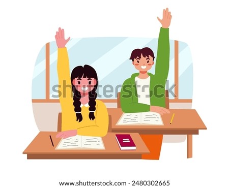 Childrens School. Schoolboy and Schoolgirl Characters Stretches Hand In Class It To Answer A Question. Student in School Classroom. Back to School Vector Illustration.