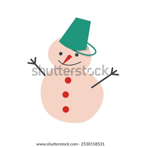 Happy Snowman Icon. Xmas Cartoon Character. Hand Drawn Vector Illustration.	