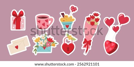 Valentine's day elements set. Gift box, mug, heart, sweets, bouquet of flowers, romantic message, lock. Vector illustration for stickers, greeting cards.