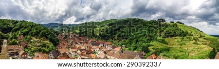 Wide panoramic bird-fly view. Alsace hills. France. Agriculture and nature.