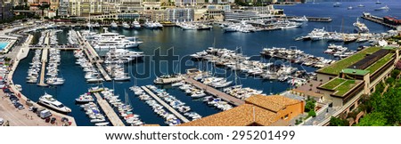 Monaco panoramic bird-fly view, business and tourism concept. Sunny summer day.