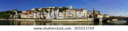 Beautiful panoramic view of Lyon from river coast, France
