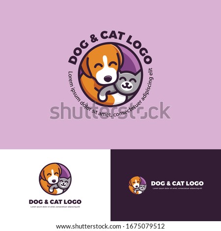 Cat and dog hugging each other illustration, happy pet care logo, ouval shape pet care logo, cat and dog in circle shape, pet care logo cartoon.
