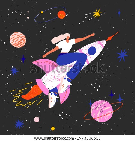 Feminism concept. Girl on a rocket flying in space to the stars and achievements. Cosmic power of a woman. Female International Woman Day. Girl Power Inspirational Poster.