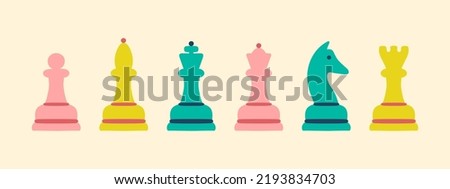 Colourful chess pieces set. Rows of queen, king, bishop, rook, horse and pawn. Modern figures of boardgame. Chessmen of chessboard. Hand drawn vector illustration. Сток-фото © 