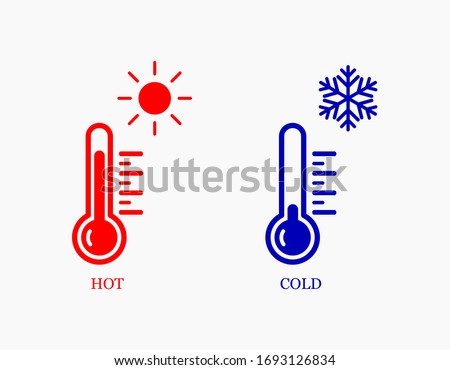 Set of thermometer icons with different indicators of cold and hot on a light background.