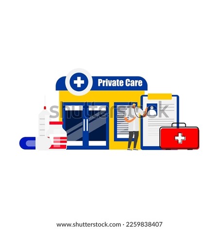 Cartoon of private medical care services on isolated background.
