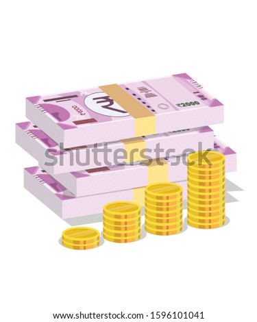 Bundle of Indian 2000 rupee and gold coin. isometric view