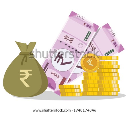 Rupee bag, rupee note and coin showing growth
