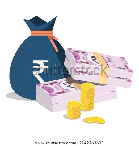 Rupee bundle with rupee bag with coins, economy growth vector illustration