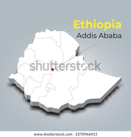 Ethiopia 3d map with borders of regions and it’s capital