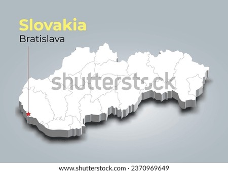 Slovakia 3d map with borders of regions and it’s capital