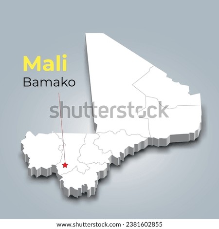 Mali 3d map with borders of regions and it’s capital