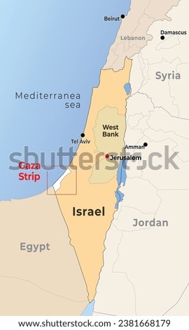 Israel map with its capital Jerusalem, Highlighted Gaza strip, with neighbour countries