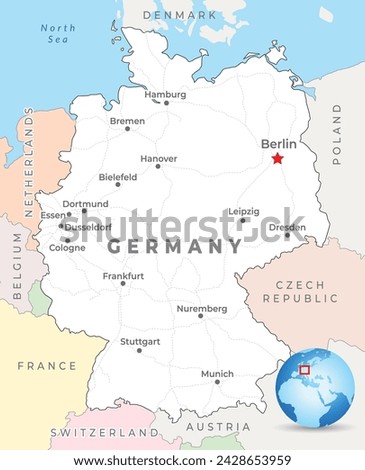 Germany map with capital Berlin, most important cities and national borders 