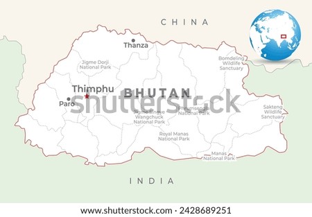 Bhutan map with capital Thimphu, most important cities and national borders 