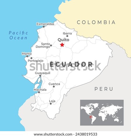 Ecuador map with capital Quito, most important cities and national borders