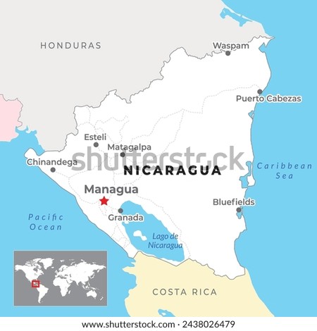 Nicaragua Political Map with capital Managua, most important cities and national borders