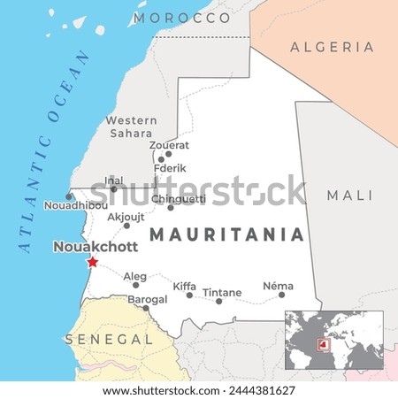 Mauritania Political Map with capital Nouakchott, most important cities with national borders