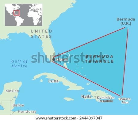 Bermuda Triangle, Devils Triangle map, Region in North Atlantic Ocean between Bermuda, Miami and Puerto Rico