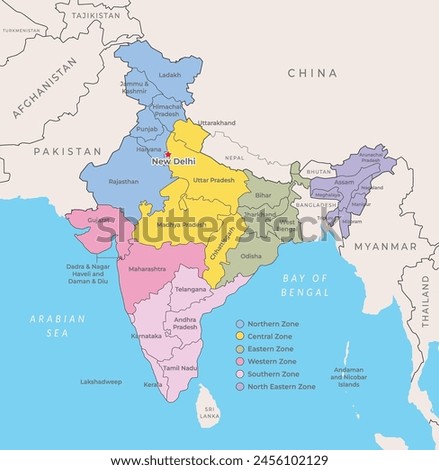 India detailed map. Zones and state, national border with neighbouring countries