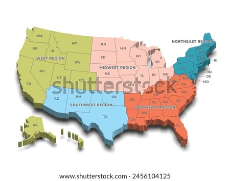 Region wise 3d map of United States of America