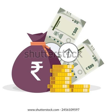 Rupee bag, rupee note and coin showing growth