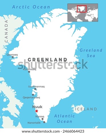 Greenland Political Map with capital Nuuk with most important cities