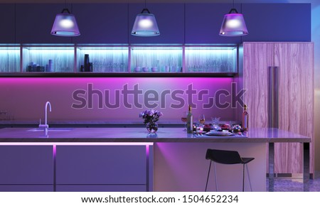 Modern kitchen with colored led lights. Light strip in blue color and three lamps in purple color. Smart House interior - 3D render Imagine de stoc © 