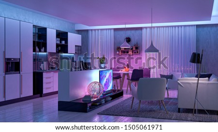 Modern Livingroom with colored led light - Smart home. 3D render Stock foto © 