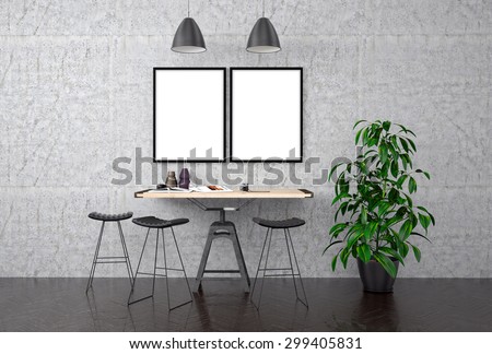 Interior Mock Up poster, working table with three chairs and a small camera on the table. 3D illustration background.