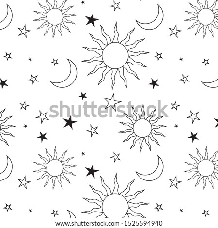 Galaxy seamless hand drawn pattern design with zodiac elements. Universe filled with moon,sun and the stars.