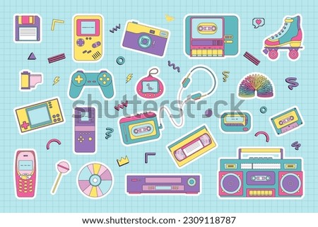 Different vintage electronics flat vector illustrations set. 90's retro objects illustration set. Retro electronic devices of 80-90s, VHS player, cassette tapes, rainbow spiral spring toy, roller